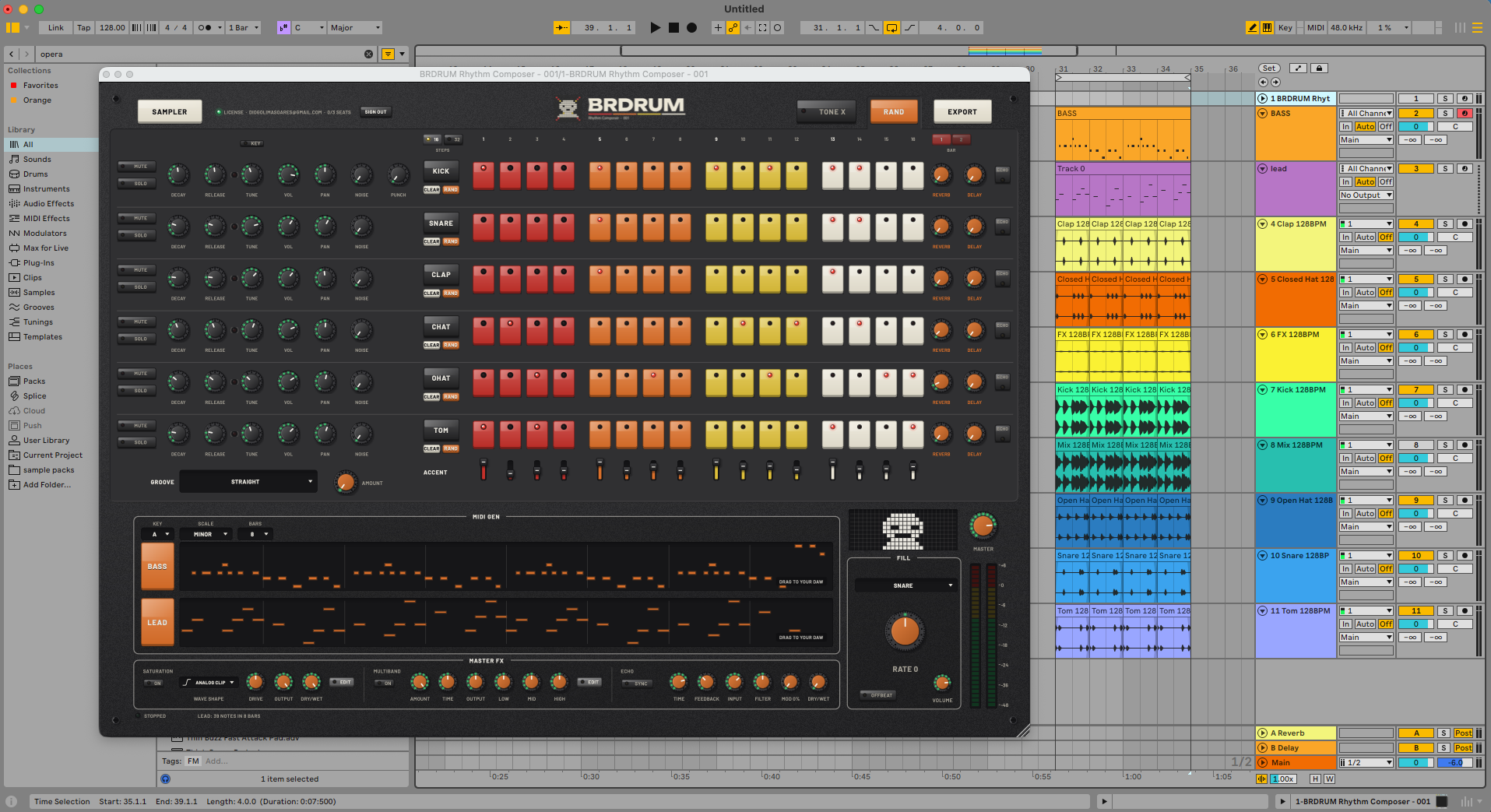 BRDRUM aberto no Ableton Live, com o gerador de MIDI de bass e lead e os clipes de áudio ao lado