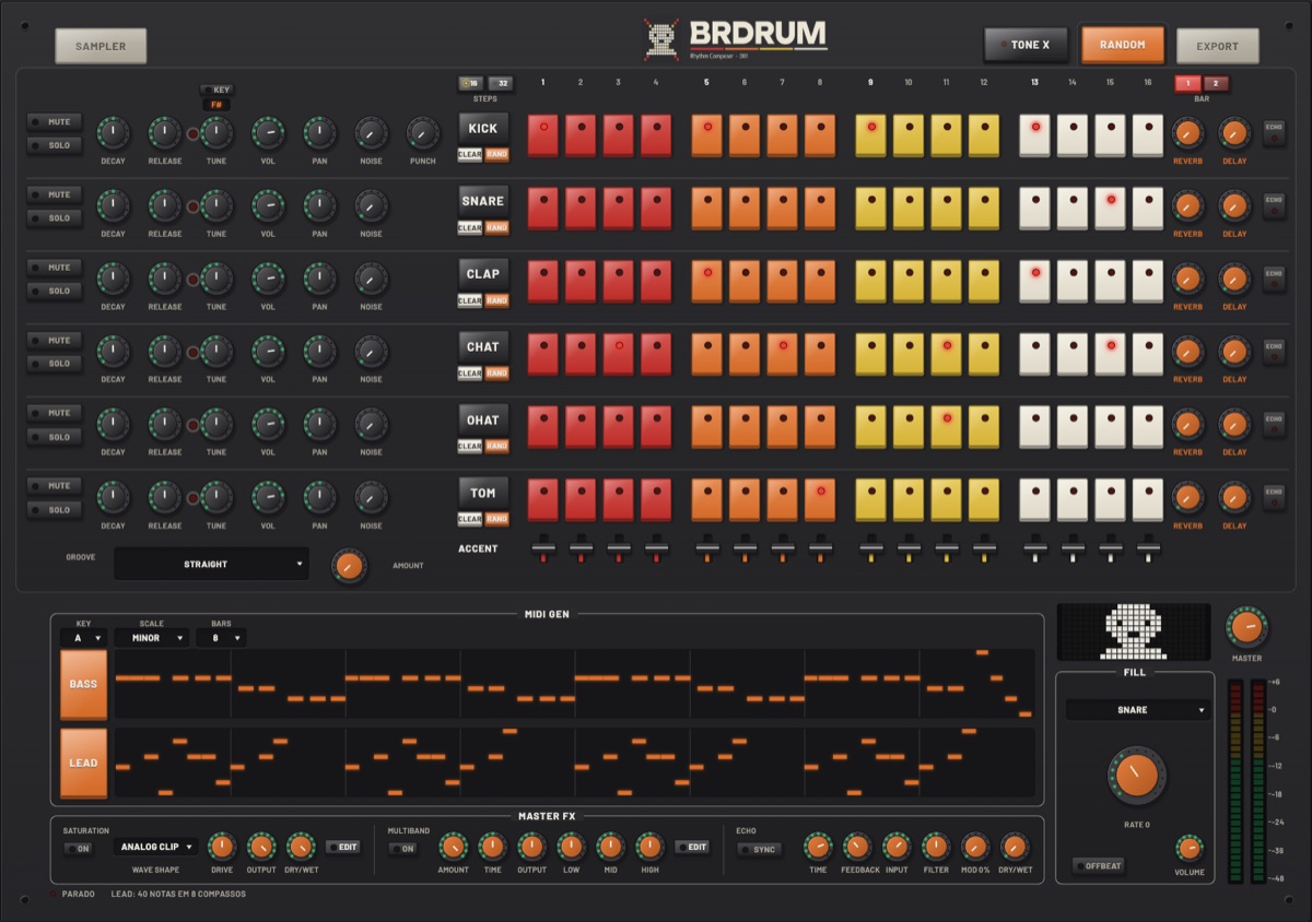 Painel do BRDRUM: 16 passos para 6 instrumentos, MIDI GEN com baixo e melodia, Master FX